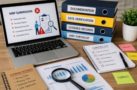 Professional illustration representing common NIRF mistakes in institutional documentation and ranking submission for colleges and universities by Bhavya Gyan Consultants